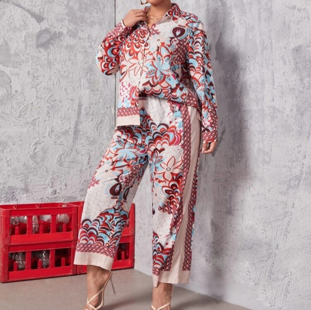 NWT Shein Plus Floral Print Blouse & Wide Leg Pants 3XL